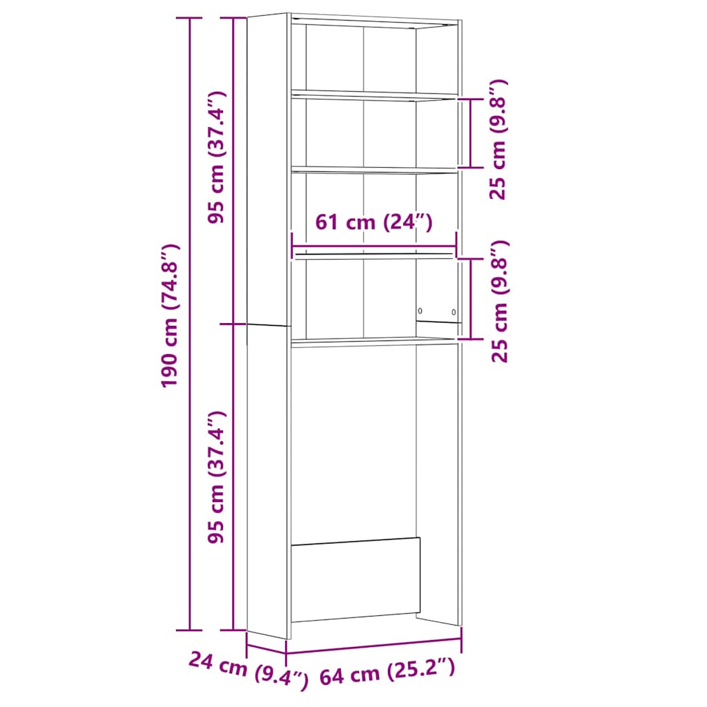 Wasmachinekast 64x24x190 cm wit en sonoma eikenkleurig