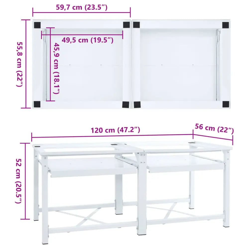 wit metaal tabel frame afmetingen - Dubbele wasmachine verhoger met uittrekbare planken wit 120 x 56 x 52