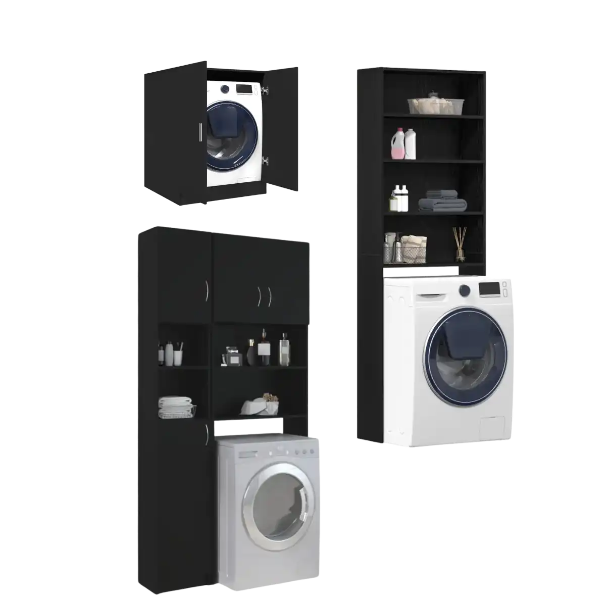 Opbergkasten voor wasruimte met wasmachines.