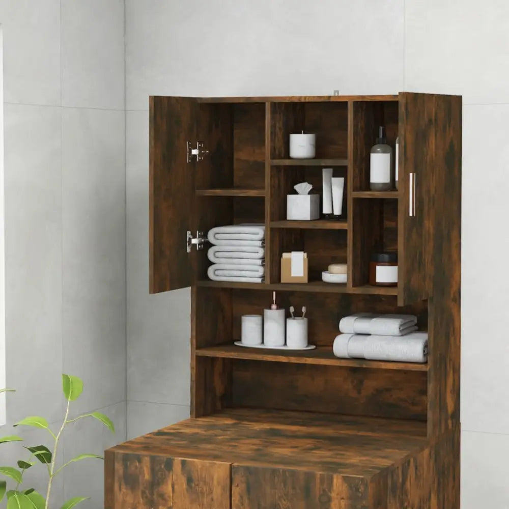 bruin houten badkamer kast open - Wasmachine boven kast 70,5x25,5x90 cm gerookt eikenkleurig