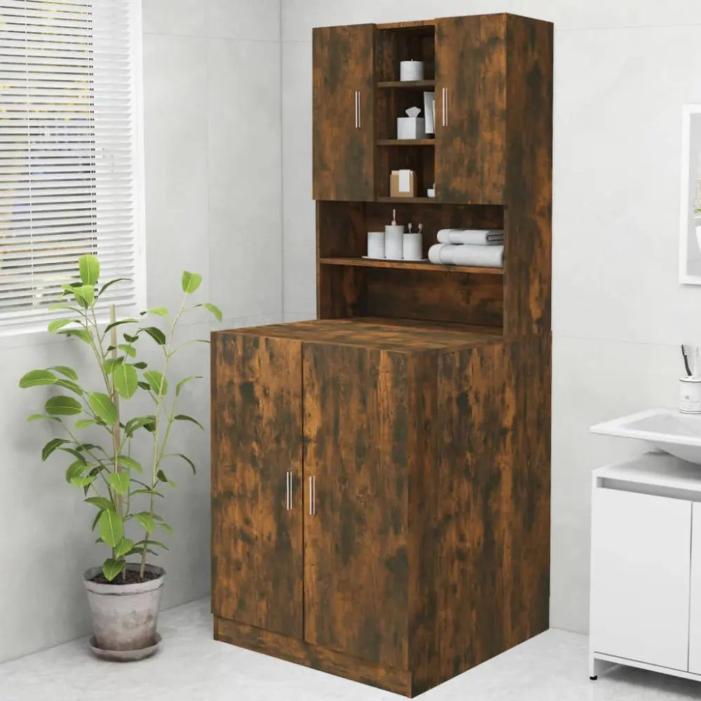 bruin houten badkamer kast - Wasmachine boven kast 70,5x25,5x90 cm gerookt eikenkleurig