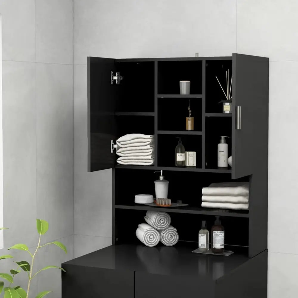 zwart badkamer kast open gesloten - Wasmachine boven kast 70,5x25,5x90 cm zwart