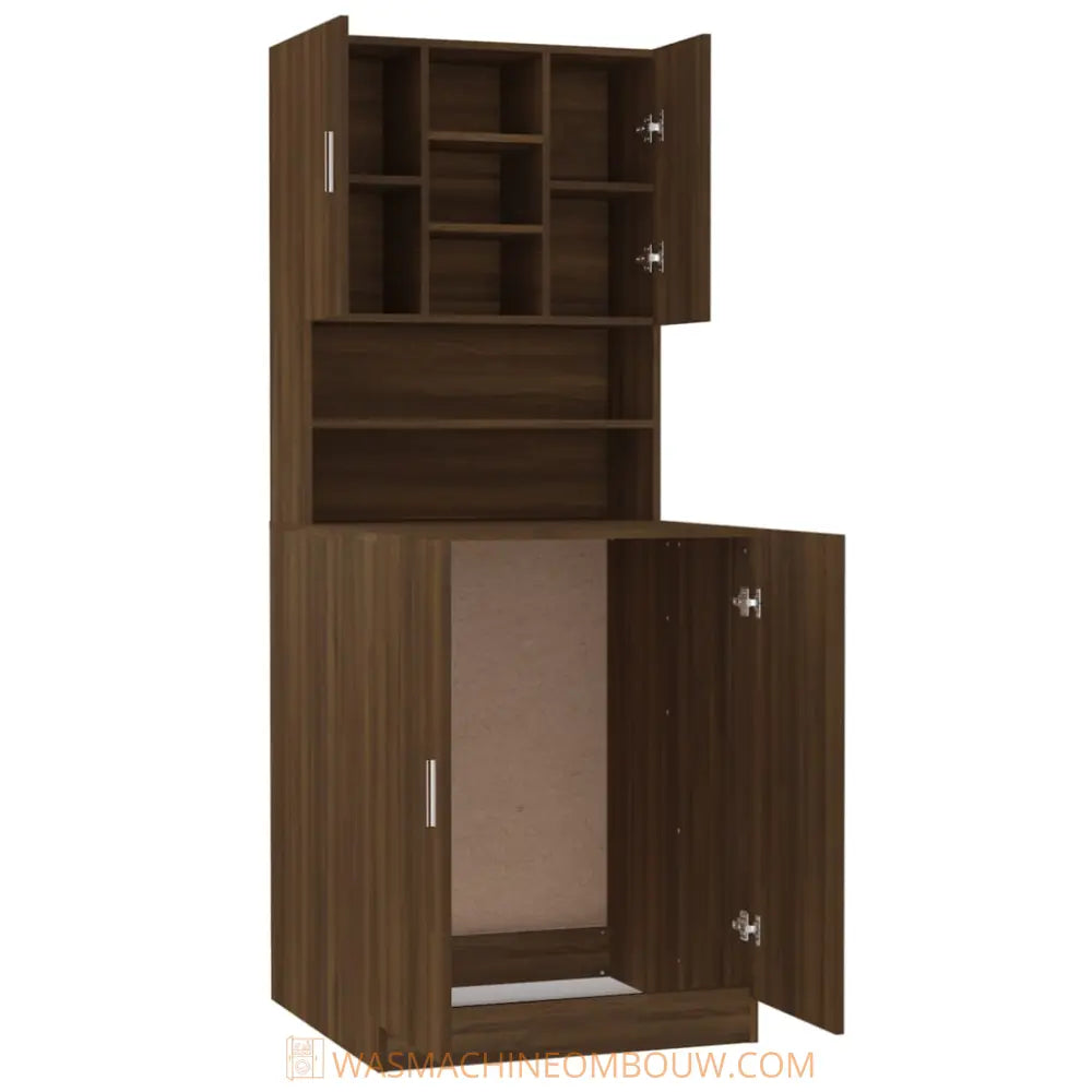 houten opslag kast open deuren - Wasmachine kast bewerkt hout bruin eikenkleur