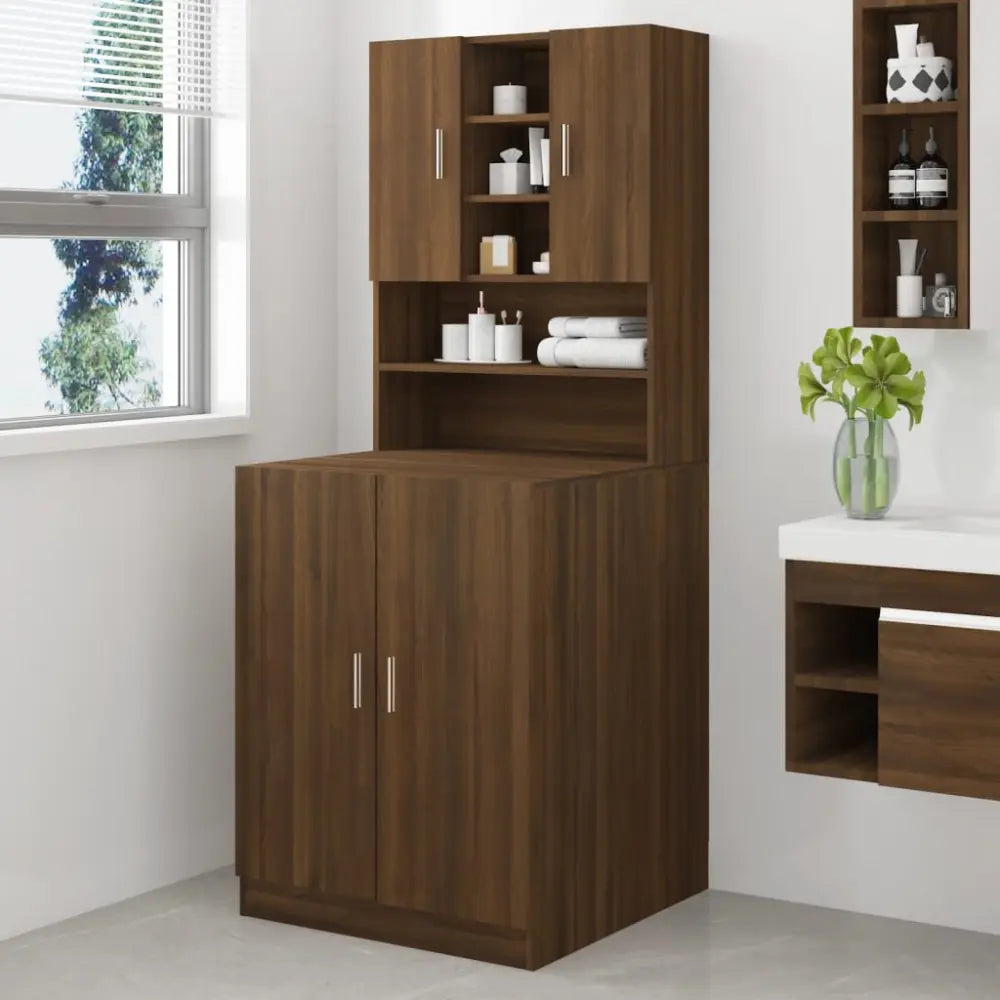 bruin houten badkamer opslag kast - Wasmachine kast bewerkt hout bruin eikenkleur