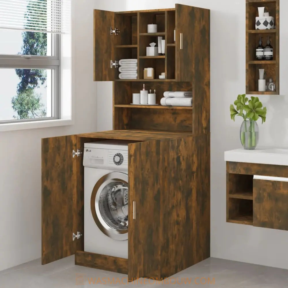 bruin houten machine kast - Wasmachine kast bewerkt hout gerookt eikenkleurig