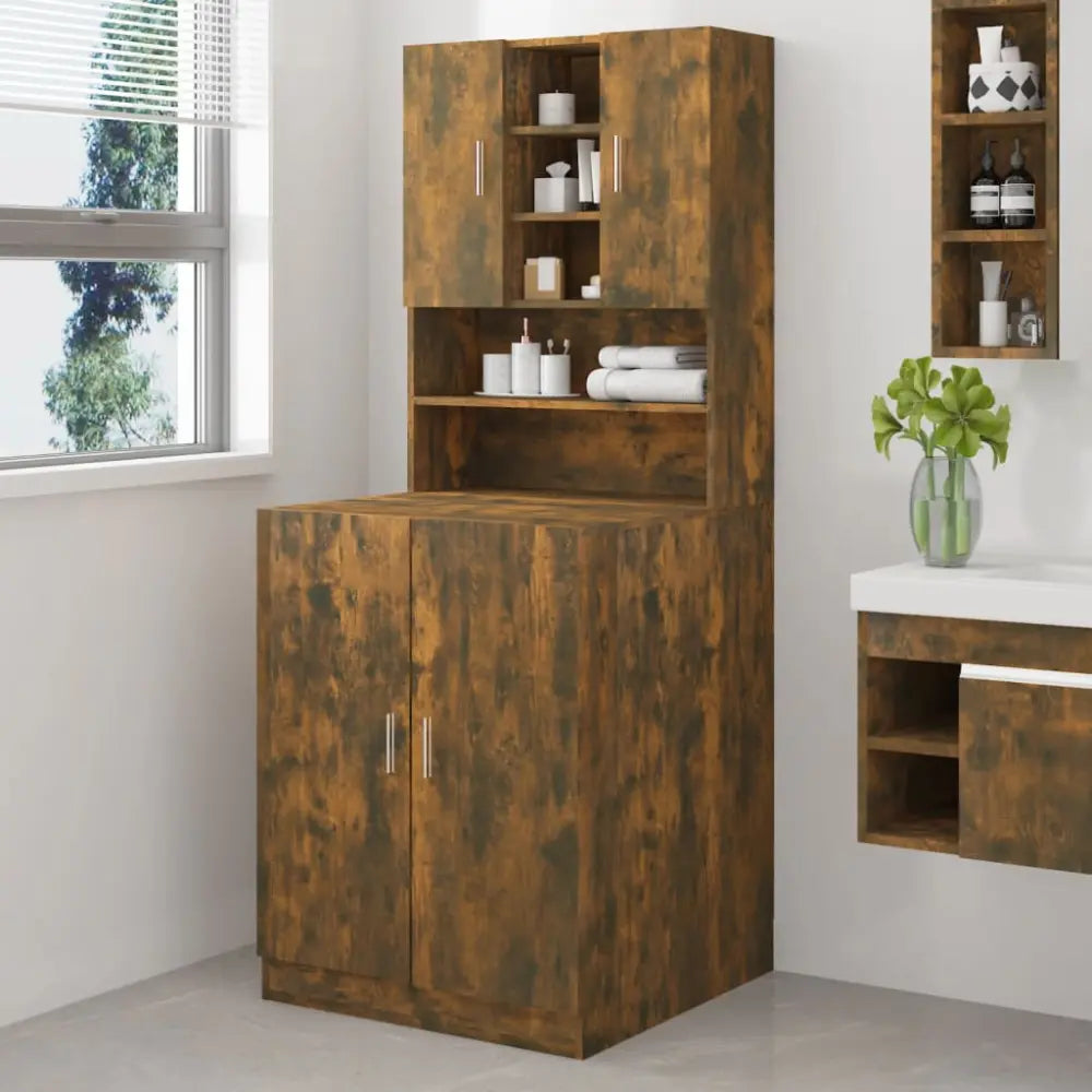 bruin houten badkamer kast - Wasmachine kast bewerkt hout gerookt eikenkleurig