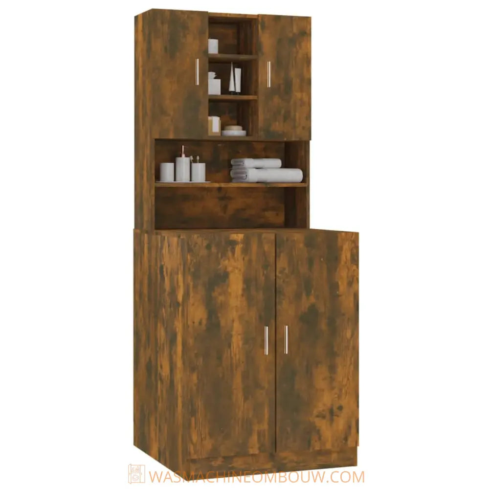 bruin houten badkamer kast - Wasmachine kast bewerkt hout gerookt eikenkleurig