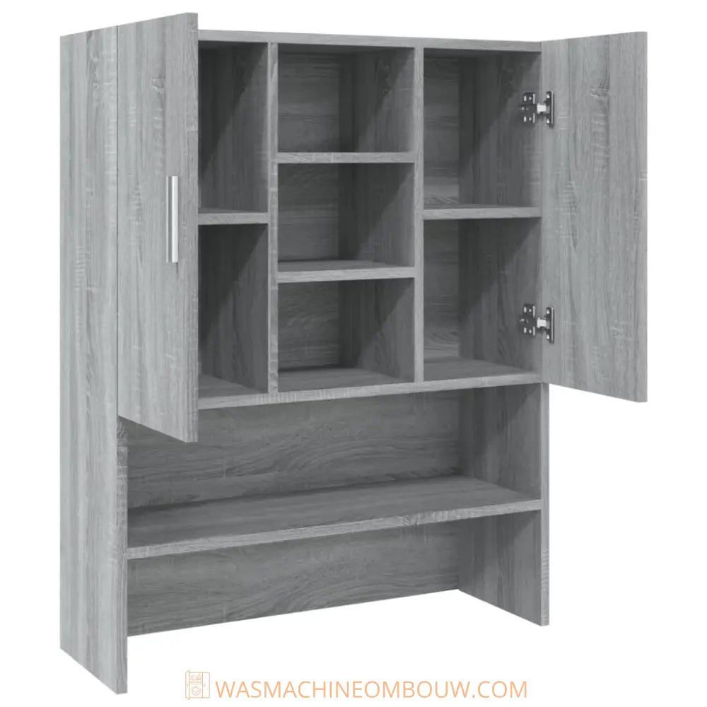 grijs houten kast open deuren - Wasmachine kast met bewerkt hout grijs