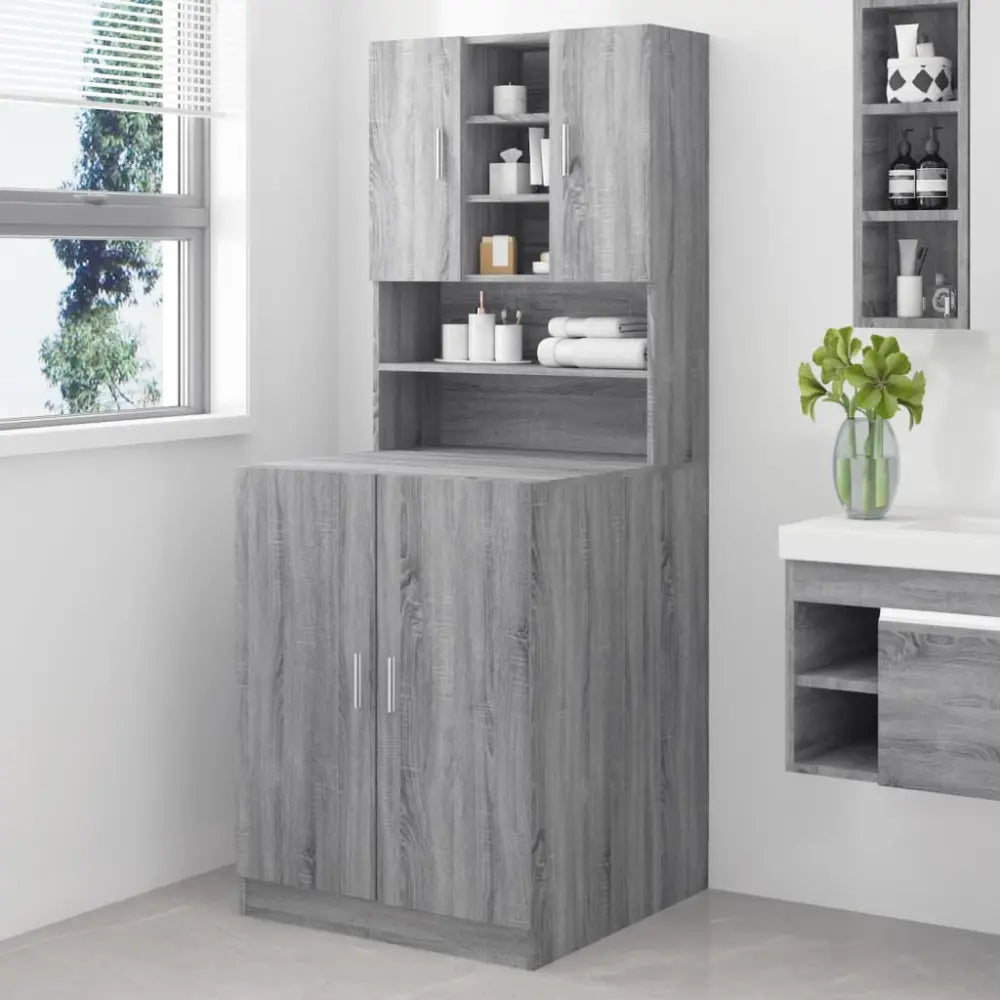 grijs houtnerf badkamer kast - Wasmachine kast met bewerkt hout grijs