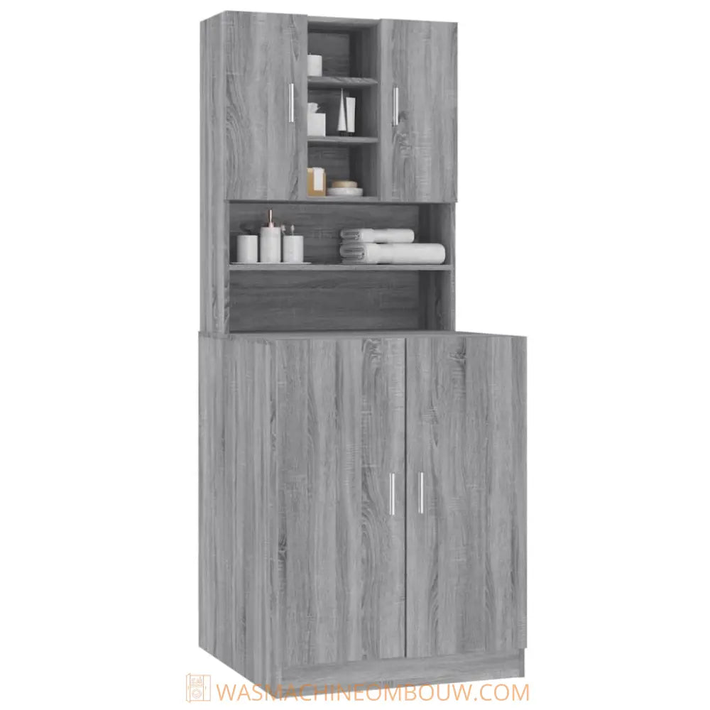 grijs houten badkamer kast - Wasmachine kast met bewerkt hout grijs