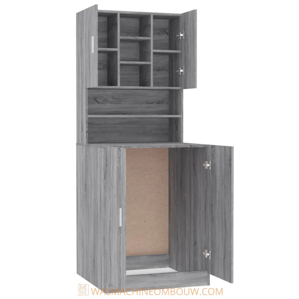 grijs houtnerf kast open deuren - Wasmachine kast met bewerkt hout grijs