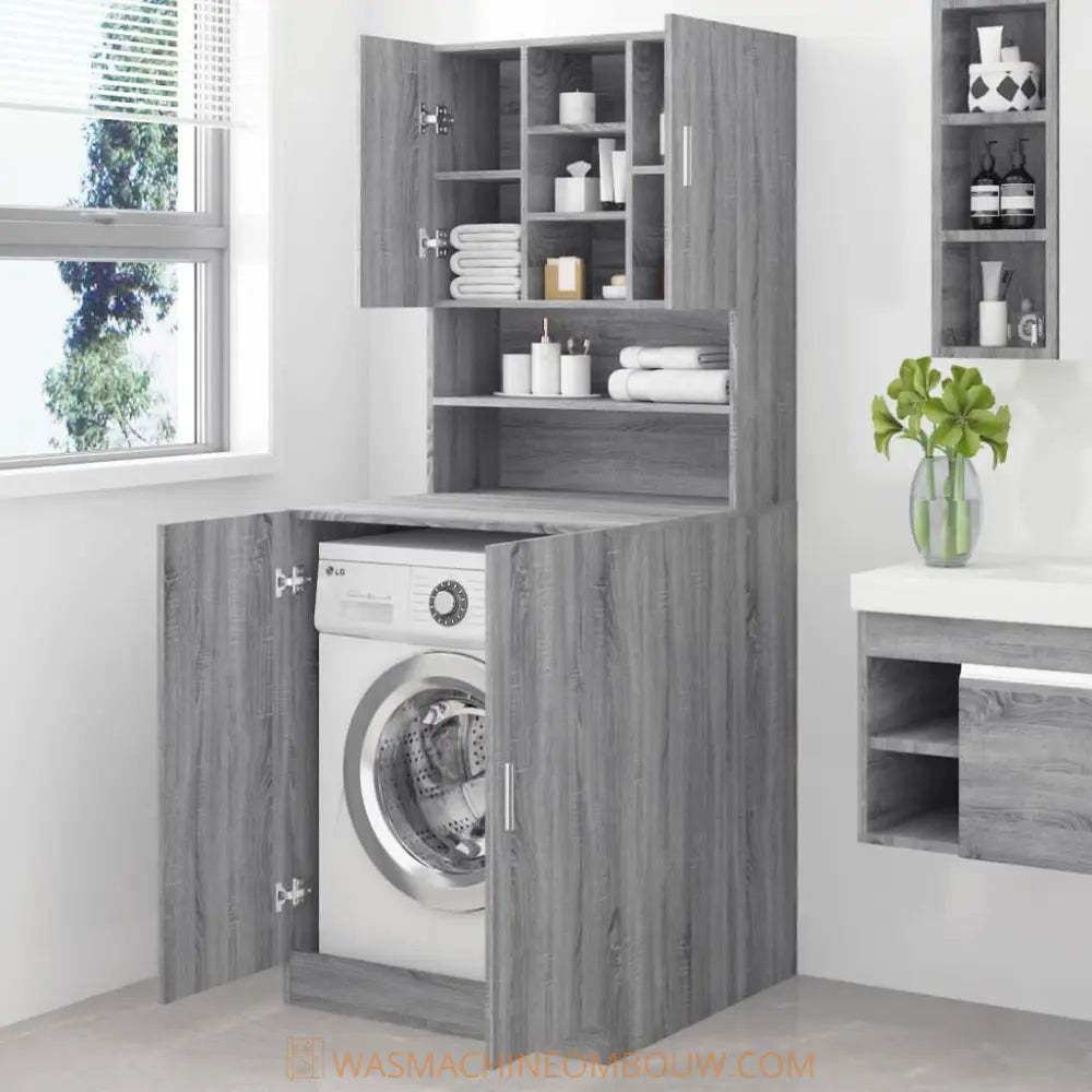 grijs houten machine kast opslag - Wasmachine kast met bewerkt hout grijs