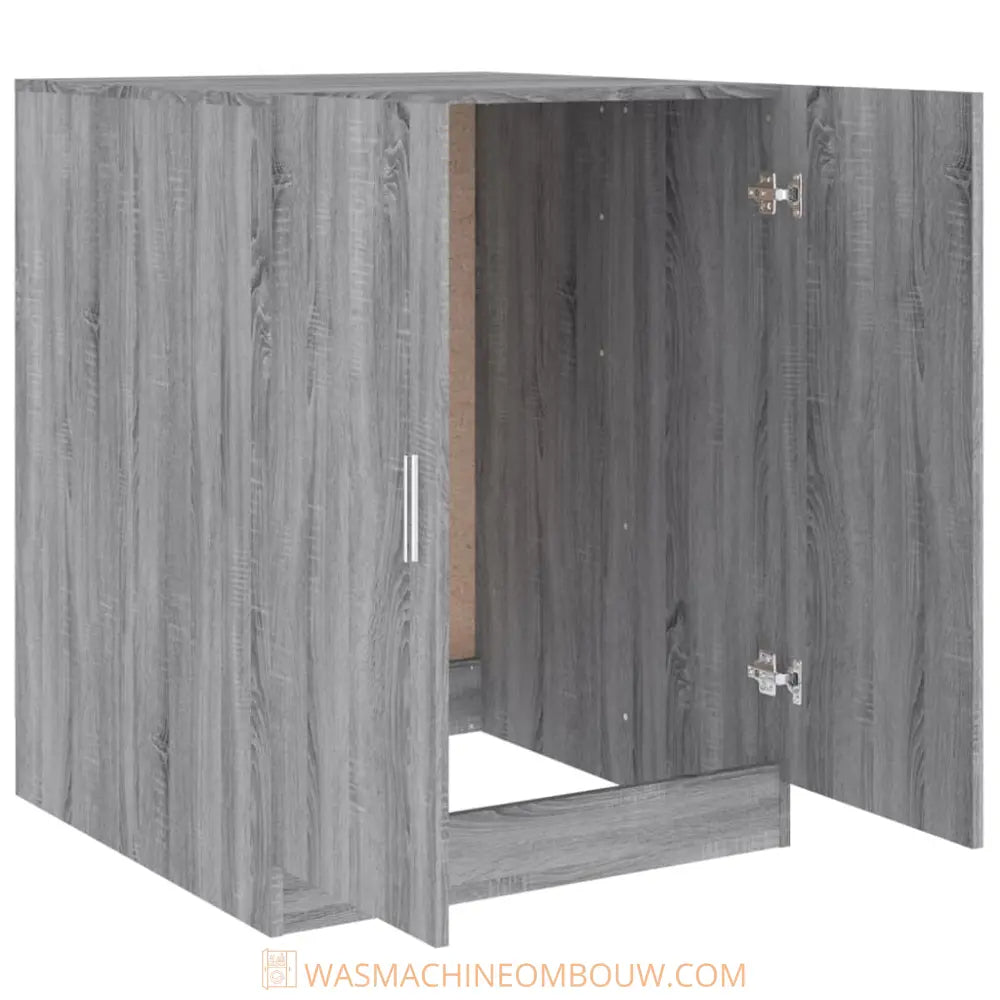 grijs houtnerf kast open deuren - Wasmachine kast met bewerkt hout grijs