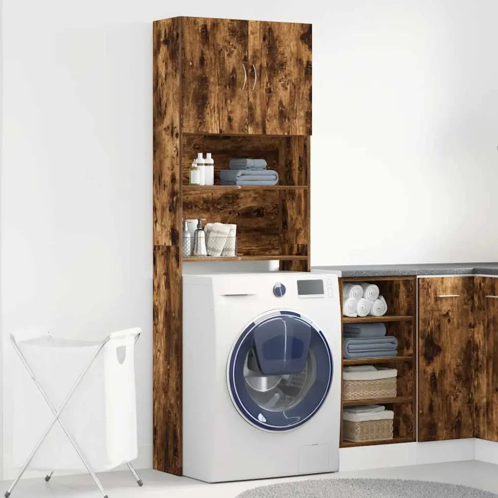 kamer setup machine houten opslag - Wasmachine kast met deuren 64x24x190 cm bewerkt hout gerookt eikenkleurig