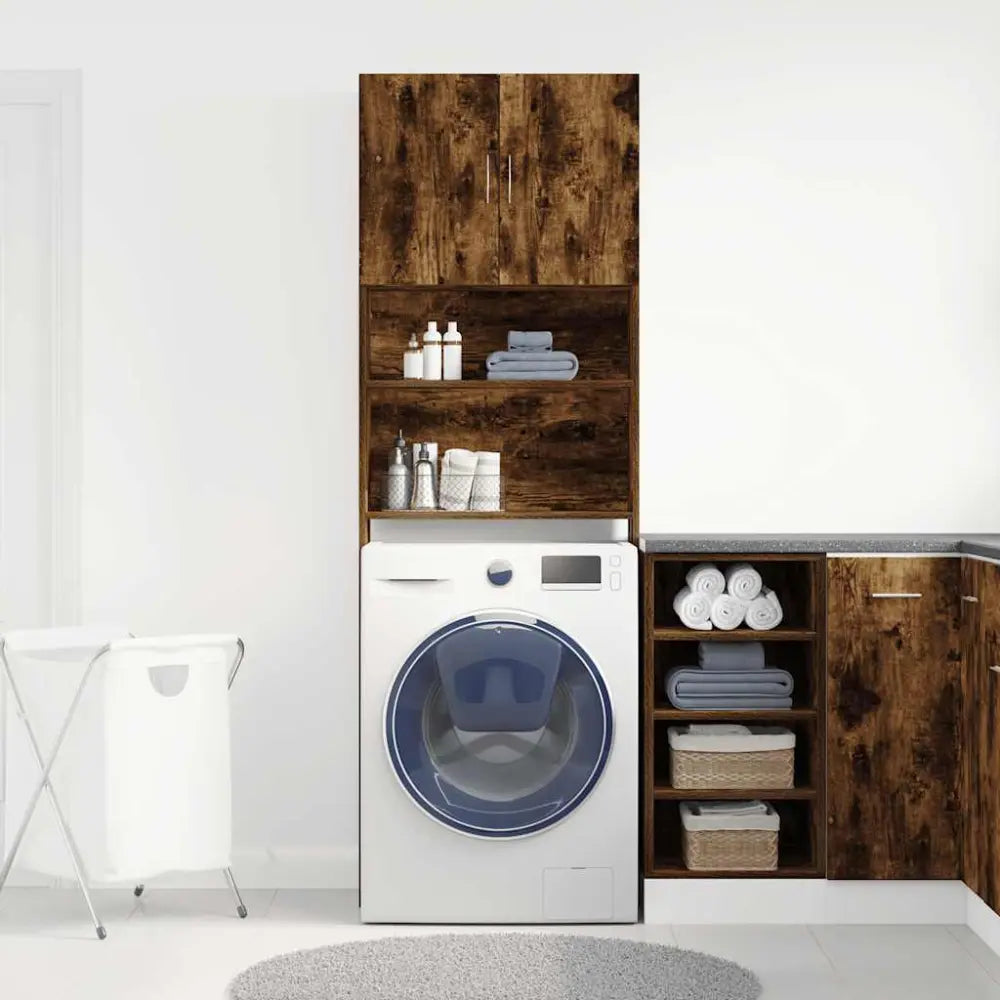 kamer setup machine houten opslag - Wasmachine kast met deuren 64x24x190 cm bewerkt hout gerookt eikenkleurig