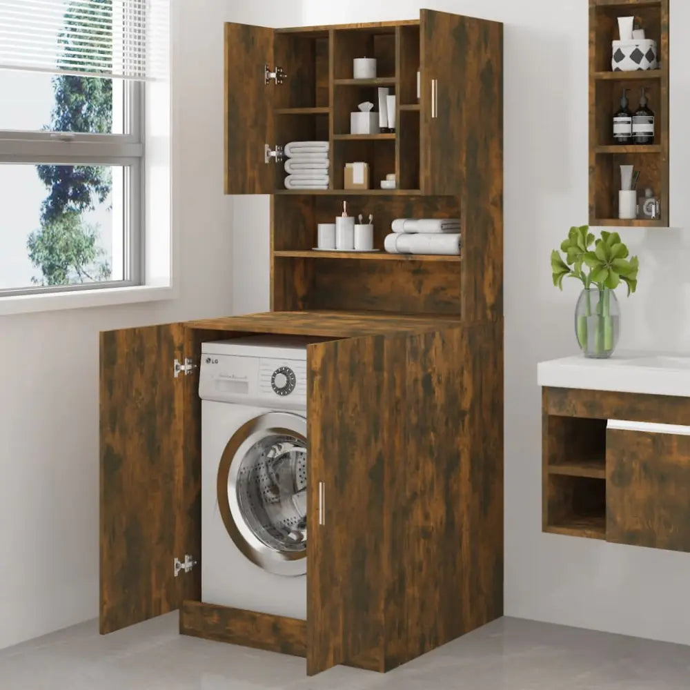 bruin houten machine kast - wasmachine kast ombouw met deuren bewerkt hout gerookt eikenkleurig