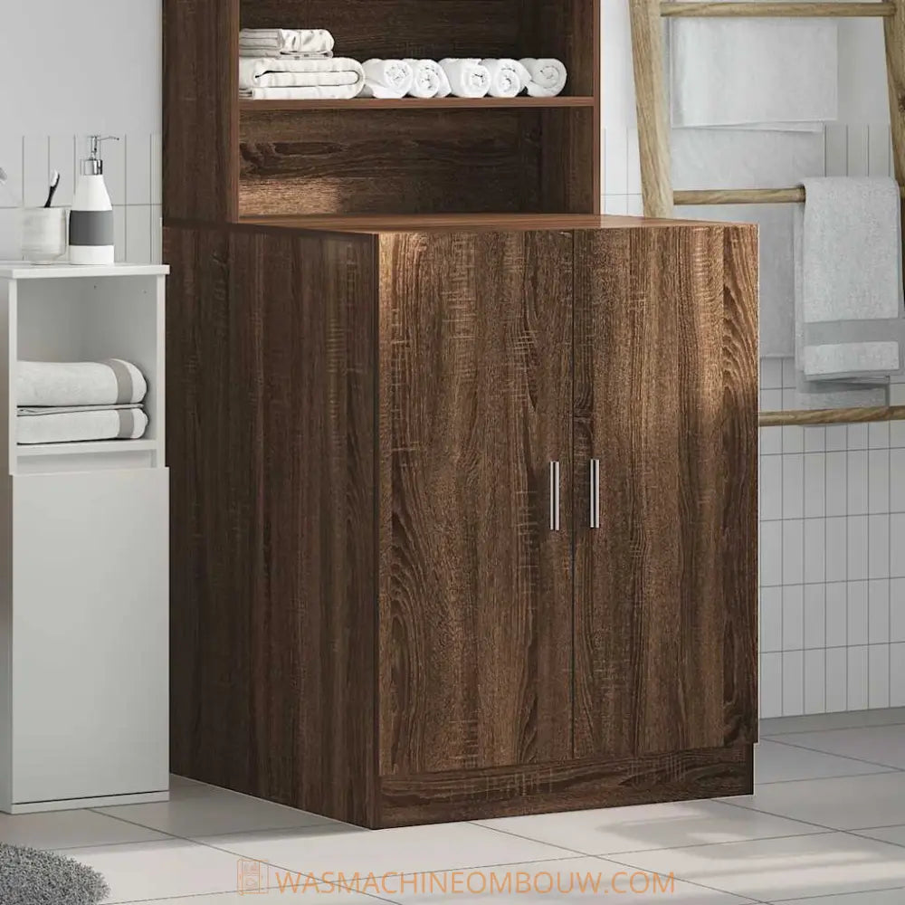 houten badkamer kast opslag - Wasmachine ombouw bruin eiken