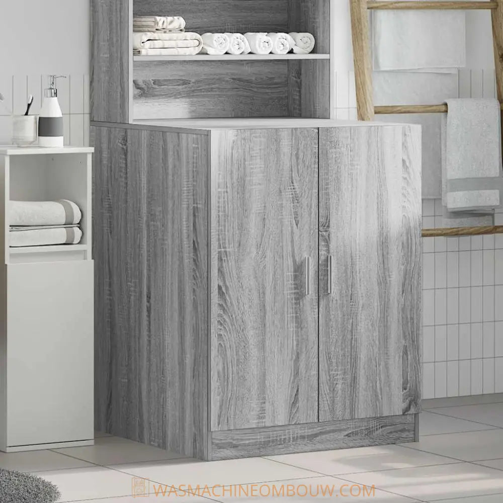 grijs houtnerf badkamer kast - Wasmachine ombouw bruin eiken kleurig
