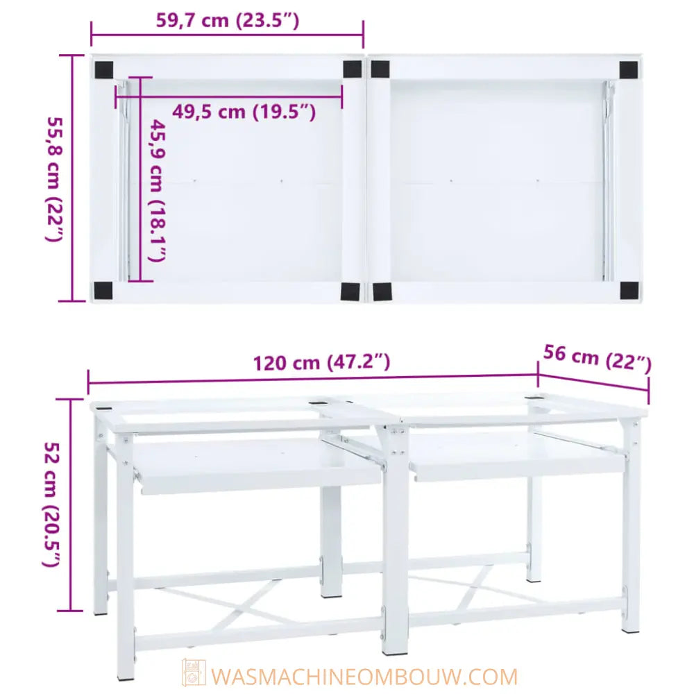 wit metaal tabel frame afmetingen - Wasmachine verhoger dubbel met uittrekbare planken wit