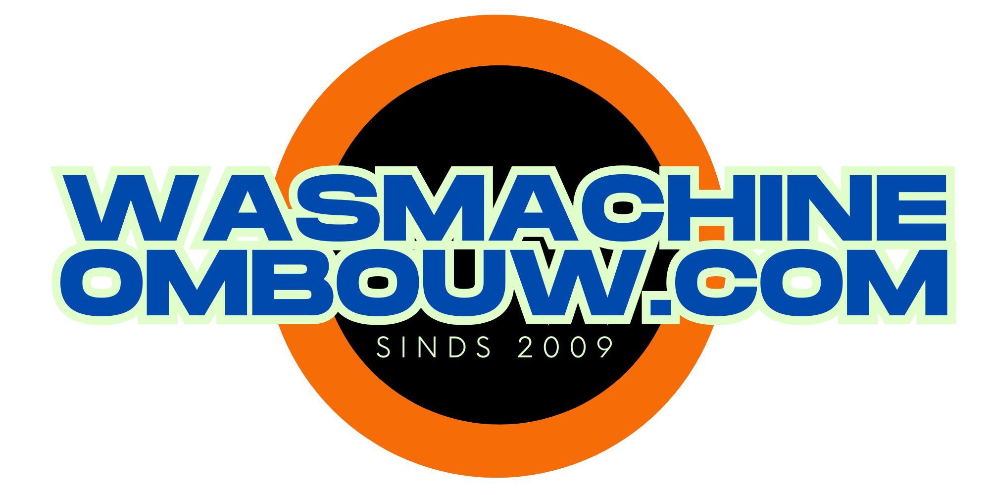 logo wasmachine ombouw in de kleur oranje cirkel met de test wasmaschine ombouw.com in het midden in de kleur blauw