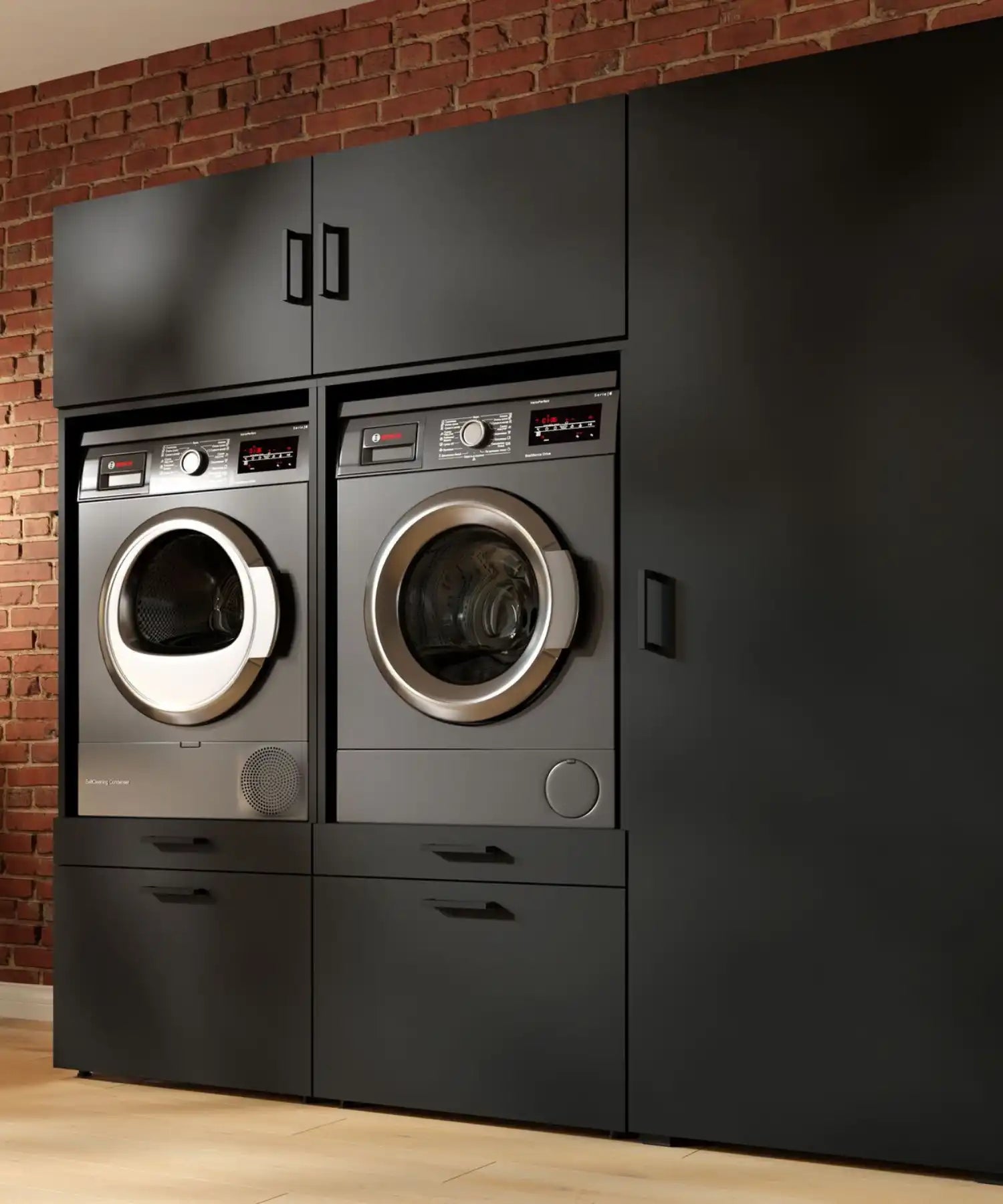 Zwarte kasten voor de wasruimte met gestapelde wasmachine en droger.