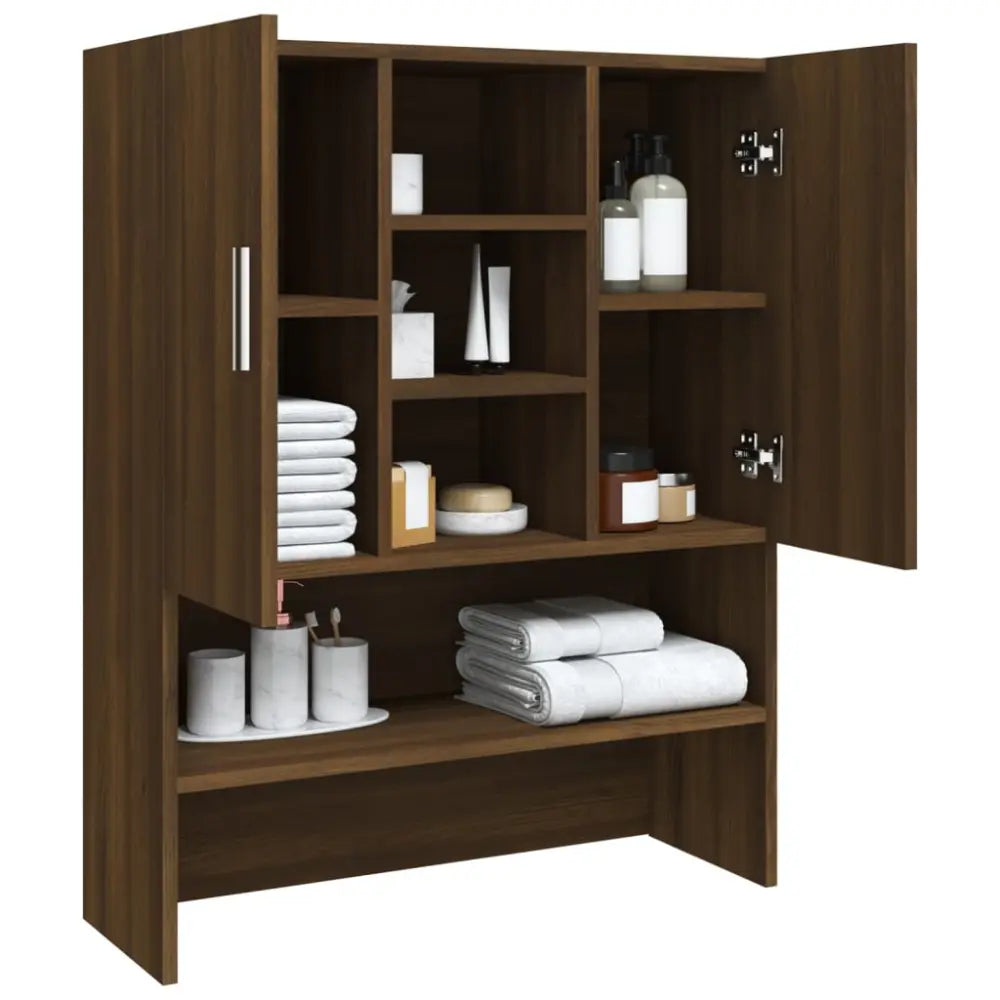 bruin houten badkamer kast open - Wasmachine boven kast 70,5x25,5x90 cm bruin eikenkleur