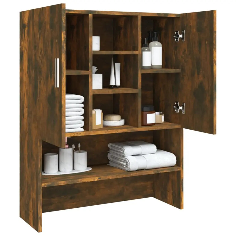 bruin houten badkamer kast open - Wasmachine boven kast 70,5x25,5x90 cm gerookt eikenkleurig