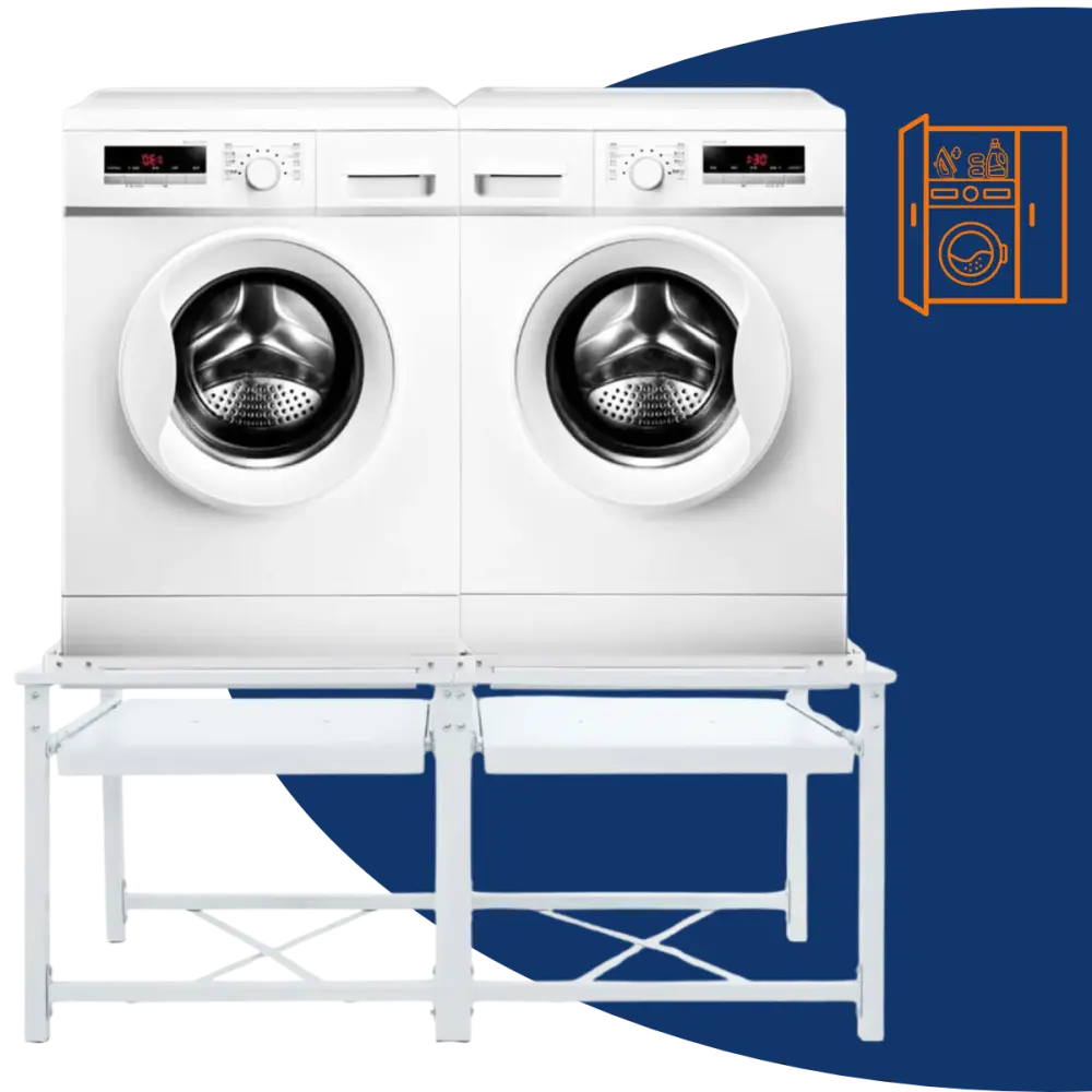 twee wit voorlader machines stand - wasmachine en droger verhoger met uittrekbare schappen wit