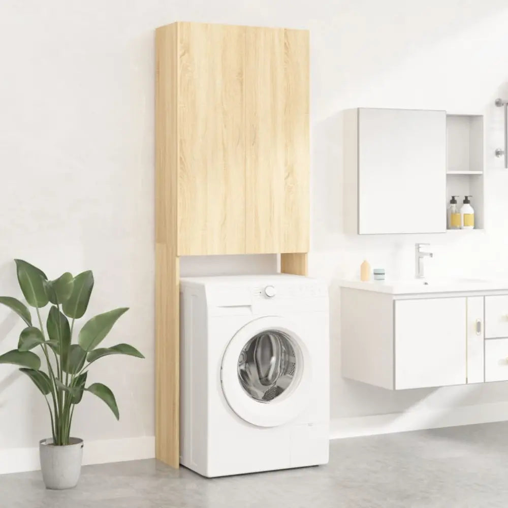 machine houten kast - Wasmachine kast met opberg vak en deuren eikenkleurig
