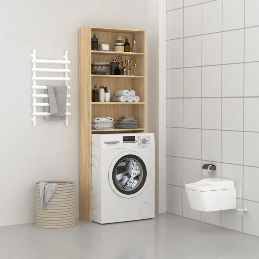 badkamer machine eenheid - Wasmachine kast met vakken 64x24x190 cm wit en sonoma eikenkleurig