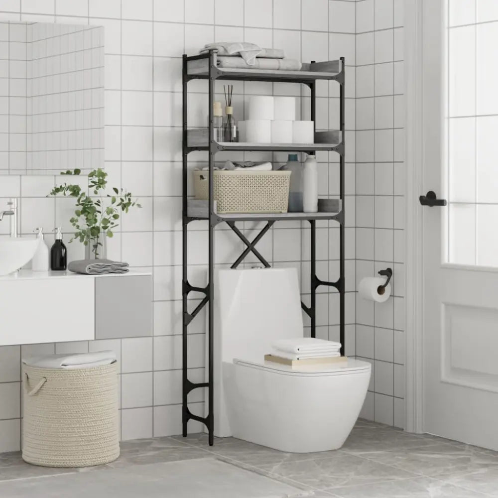 zwart metaal boven het toilet eenheid - Wasmachine kast rek op berg vak boven bewerkt hout grijs sonoma