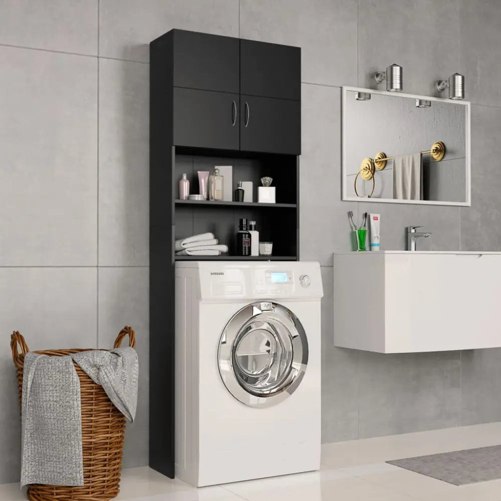 badkamer setup - Wasmachine ombouw kast zwart bewerkt hout