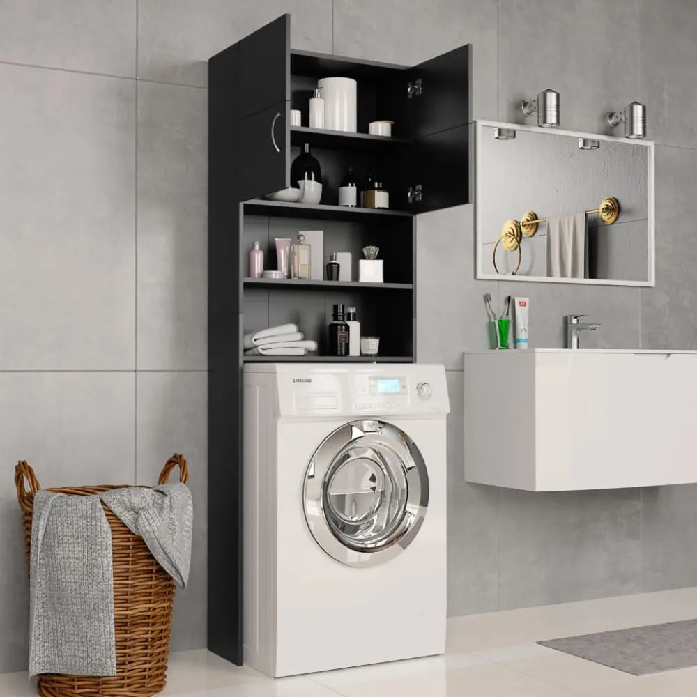 badkamer setup - Wasmachine ombouw kast zwart bewerkt hout