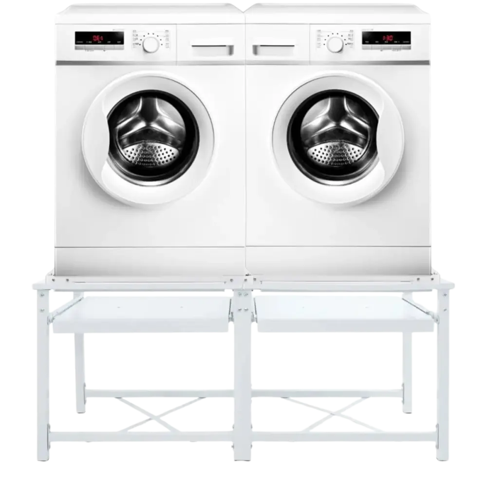twee wit voorlader machines stand - Wasmachine verhoger dubbel met uittrekbare planken wit